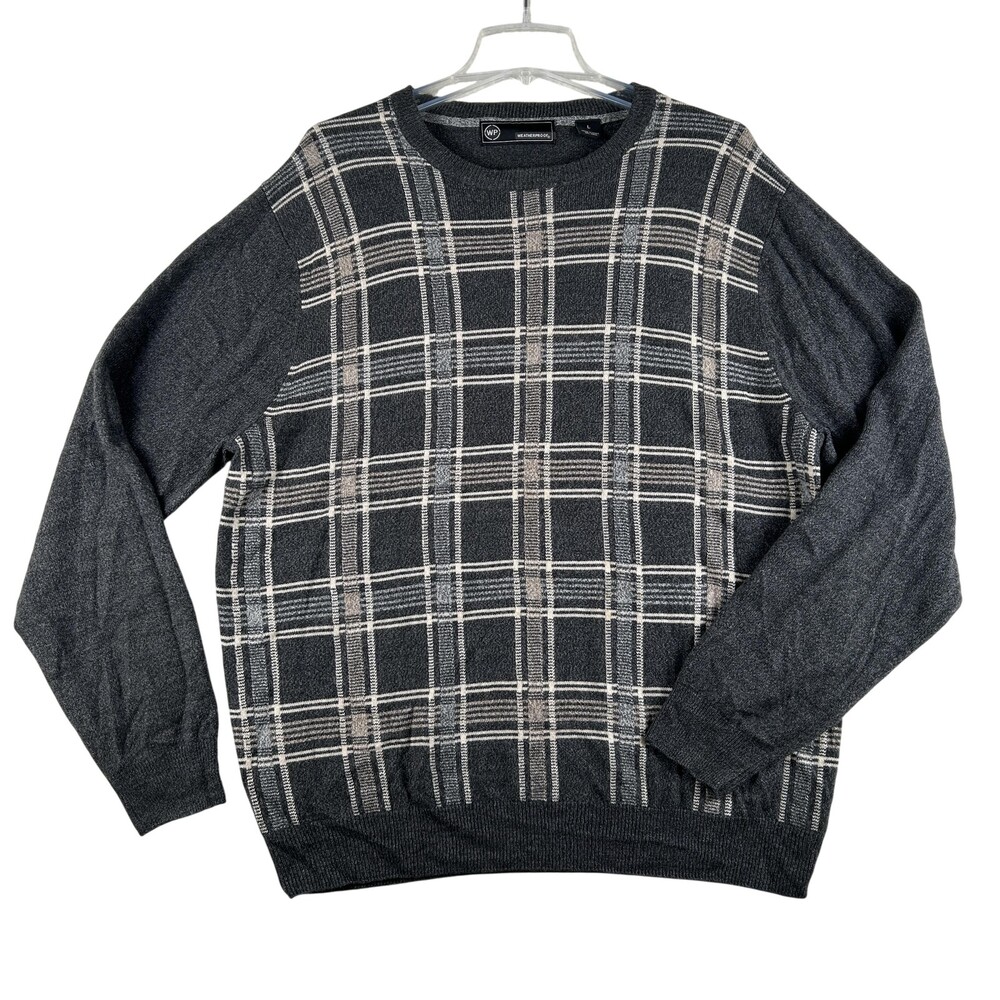 Weatherproof Sweater Mens Large Gray Plaid Knit Crewneck Pullover Acrylic Fall
